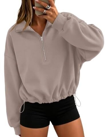 Rexley Women’s Quarter Zip Pullover Crop Sweatshirt Fall Fleece Nude Pink M | 1/4 Zip Pullover No Hood Cropped Collared Vneck Casual Workout Trendy Fashion Daily Wear Gym Oversize Outfits Cotton Cute