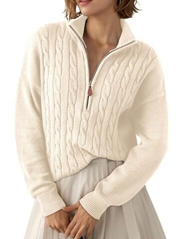 Dokotoo White Womens Early Fall Sweaters for Women 2026 Old Money Knit Tops | Fall Winter Outfits,Long Sleeve,Polo Neck,Pullover Knit,Soft Comfy Tops,Chunky Warm Cozy Sweaters,Fashion Clothing