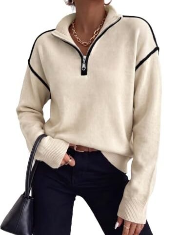 EVALESS Sweaters for Women 2026 Fashion Trendy Fall Winter,Beige Medium | V Neck Long Sleeve Knit Dressy Casual Pullover Tops,Quarter Zip Lightweight Old Money Clothes,Work Business Holiday Outfits