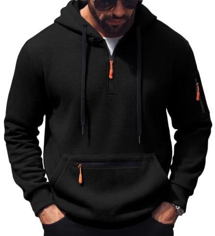 Sailwind Mens Fleece Lined Hoodie Zip Up Pullover Sweatshirts Black | Quarter zip hooded design zipper arm pocket hand kangaroo pocket thin fleece lined